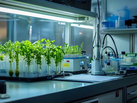 Modern laboratory featuring plant samples in test tubes, showcasing advanced research and experimentation techniques.の素材