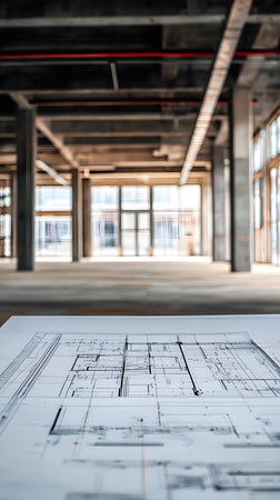 Architectural blueprint on a table with a spacious, unfinished interior in the background, showcasing construction potential.の素材