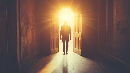A silhouette of a man walking toward a bright light through an open door, symbolizing hope and new beginnings.の素材
