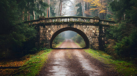 Misty forest path leads under a quaint stone bridge, surrounded by lush greenery and autumn colors, inviting exploration and serenity.の素材
