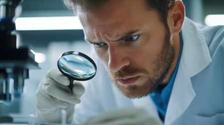 A focused scientist examining a sample with a magnifying glass in a modern laboratory setting, showcasing dedication and precision.の素材