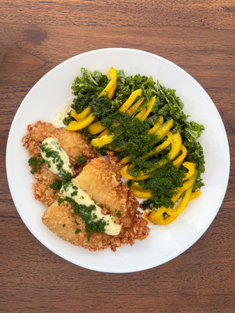 Fried fish salad with Wolffia globosa; superfood meal.の写真素材