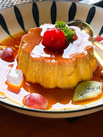 Custard pudding with juicy fruits (Egg Pudding with Caramel Sauce).