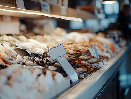 A vibrant seafood market display showcasing a variety of fresh fish, shellfish, and seafood choices for culinary enthusiasts.の素材