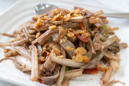 Stir-fried banana blossom with shrimp paste; traditional meals in the south of Thailand.の写真素材