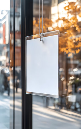 A blank sign hanging in a window, ideal for showcasing announcements, menus, or promotions in an urban environment.の素材