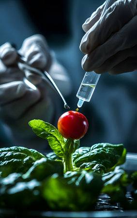 A close-up of hands injecting a tomato with liquid, showcasing innovative agricultural techniques and biotechnology advancements.の素材