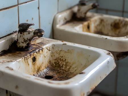 A close-up of dirty, rusty sinks in an old bathroom, highlighting wear and neglect in a neglected environment.の素材