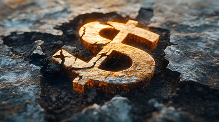 A close-up of a textured dollar sign emerging from cracked surface, symbolizing wealth and opportunity in a unique and artistic way.の素材
