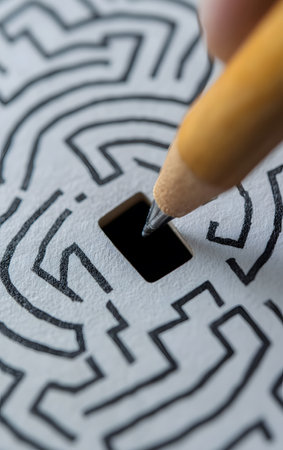 A close-up of a pencil poised above a maze, symbolizing problem-solving and creativity in leisure activities.の素材