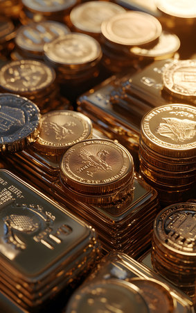 A close-up view of stacks of gold coins and bars, symbolizing wealth and investment opportunities in the financial world.の素材
