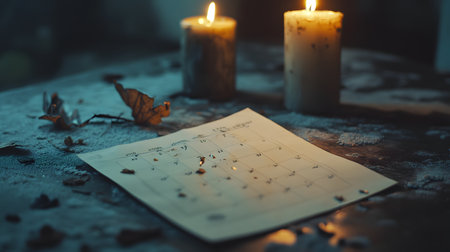 A candle-lit scene featuring a calendar with fallen leaves, evoking a sense of nostalgia and the passage of time.の素材