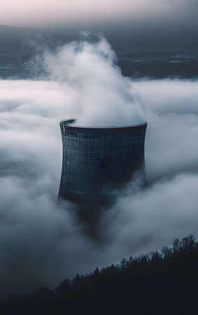 A cooling tower emerges from thick fog, creating a mysterious atmosphere in the landscape, emphasizing industrial architecture.の素材