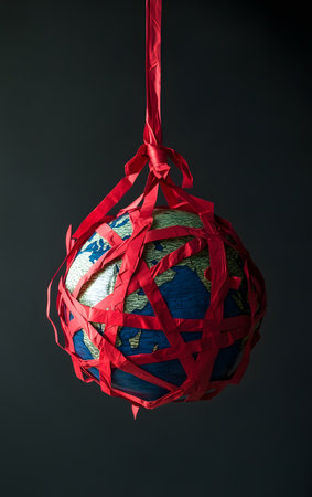 A creative representation of the Earth wrapped in red ribbons, symbolizing the interconnectedness and beauty of our planet.の素材