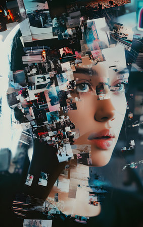 A creative portrait blending art and digital imagery, capturing emotions and stories within a fragmented visual narrative.の素材