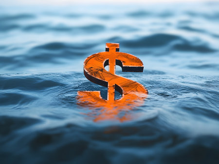 A glowing orange dollar sign floats on tranquil water, symbolizing finance, wealth, and opportunity in a serene aesthetic.の素材
