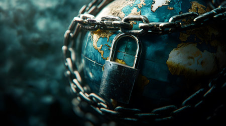 A global symbol of security, featuring a locked padlock and a chain encircling the Earth, representing protection and safety.の素材