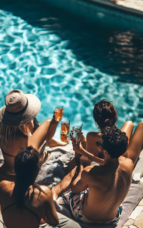 A group of friends enjoying drinks by the poolside on a sunny day, creating memories and relaxing in a vibrant atmosphere.の素材