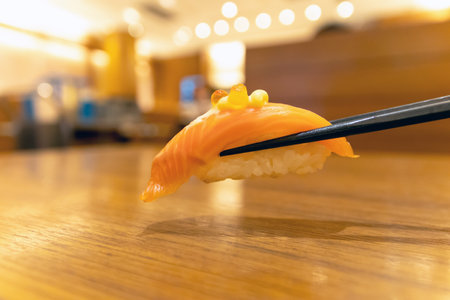 Delicious sushi piece with ikura toppingの写真素材