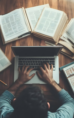 A person typing on a laptop surrounded by open books, symbolizing study, research, and productivity in a modern workspace.の素材
