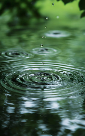 Close-up of water droplets falling on a serene surface, creating ripples in a calm, green environment.の素材
