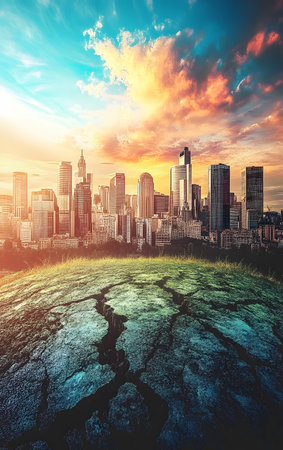 A stunning city skyline juxtaposed with a cracked, dry landscape under a colorful sunset, highlighting urban contrast and nature's challenges.の素材