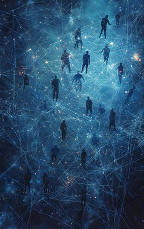 A digital representation of interconnected people in a vast network, symbolizing modern communication and technology trends.の素材