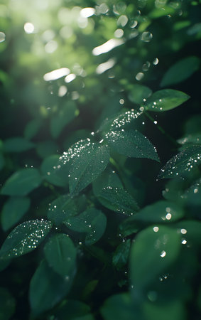 A close-up view of lush green leaves adorned with shimmering water droplets, capturing the beauty of nature in sunlight.の素材