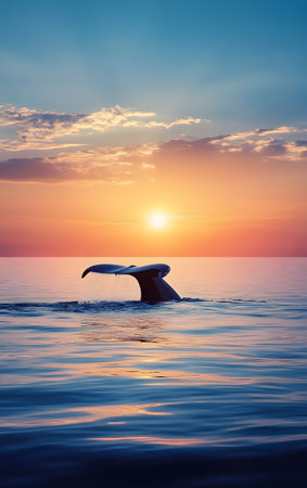A serene sunset view with a whale tail emerging from the calm ocean waters, reflecting tranquil colors of nature.の素材