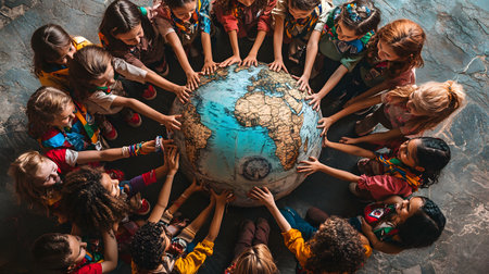 A diverse group of children collaboratively engaging with a globe, symbolizing unity and environmental awareness.の素材
