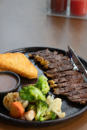 Delicious steak with vegetables and sauce.の写真素材