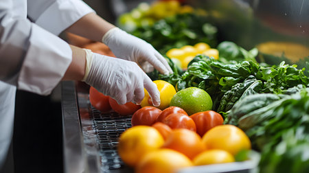 Fresh fruits and vegetables being sorted in a kitchen, highlighting the importance of hygiene and quality preparation.の素材
