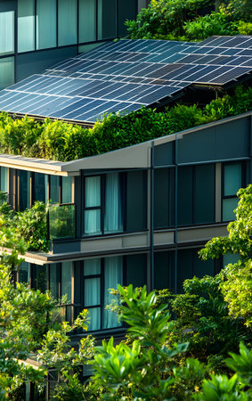 Modern building featuring green architecture and solar panels with lush greenery surrounding it, promoting sustainable living.の素材