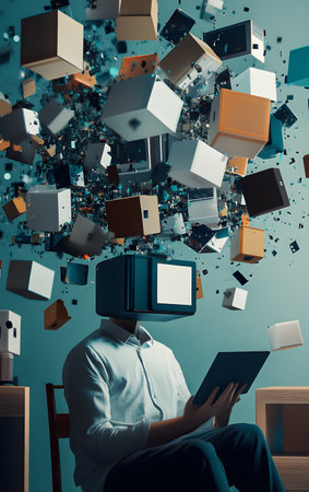 A surreal representation of technology's impact on creativity, featuring a person with a monitor head immersed in information.の素材