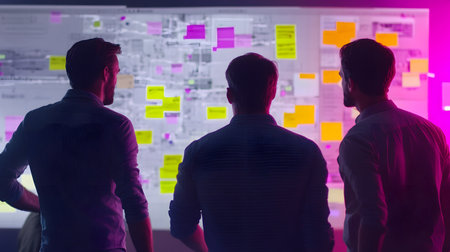 Team brainstorming session with colorful sticky notes on a wall, generating innovative ideas and strategies for projects.の素材