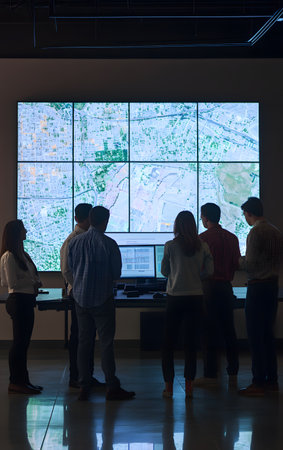 A group of professionals collaborates in a modern office space, analyzing data displayed on a large screen.の素材