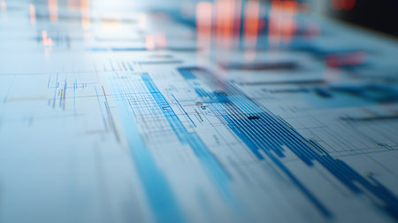 Abstract close-up of digital graphs and data visualization on a modern interface, showcasing trends and analysis in technology.の素材