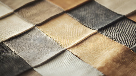 An artistic close-up of textured fabric squares in earthy tones, showcasing intricate patterns and rich colors for creative design use.の素材