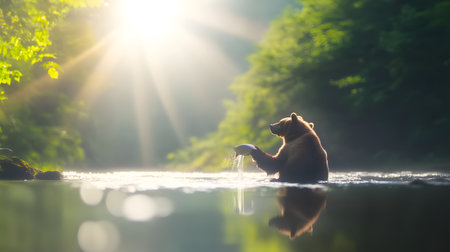 A majestic bear stands in a serene river, basking in the sunlight, surrounded by lush greenery and reflecting on the tranquil water.の素材