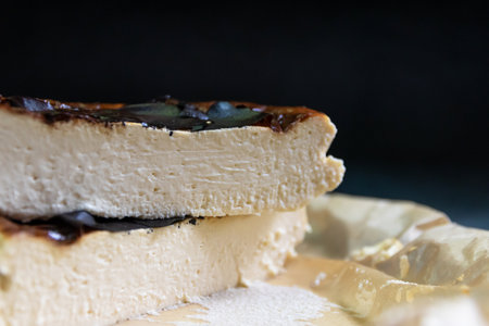 The image shows a slice of Basque cheesecake on a white plate. The cheesecake is dark brown and has a creamy texture.の写真素材