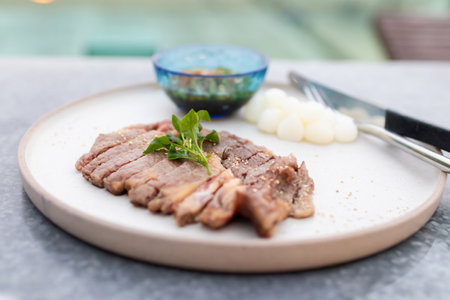Delicious grilled steak served with sauce and side garnishes on a modern plate, perfect for culinary themes.の写真素材
