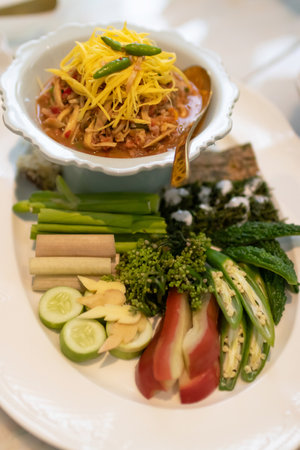Chili Paste with fresh and boiled vegetables. A delicious and healthy meal, perfect for a quick and...