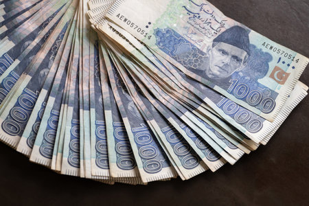 Fanned out Pakistani currency notes for financial concepts.の写真素材