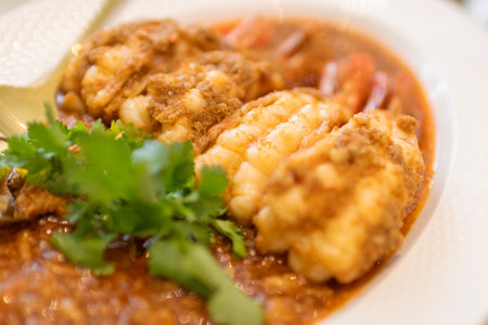 River prawns with creamy shrimp sauce on white plate.の写真素材