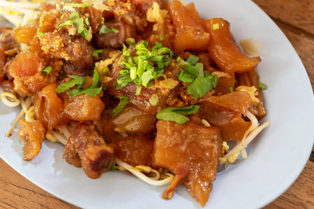 Braised beef tendon with blanched bean sprouts on plate.の写真素材