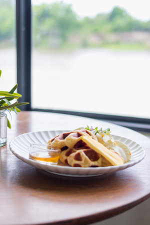 Delicious waffles served on a plate, garnished with fruits and syrup, capturing a cozy brunch experience by the window.の写真素材