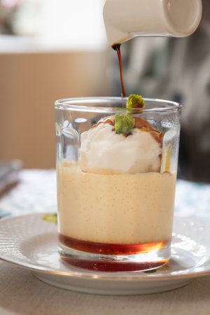 Indulgent dessert featuring creamy texture topped with ice cream and syrup, elegantly presented in a glass dish.の写真素材