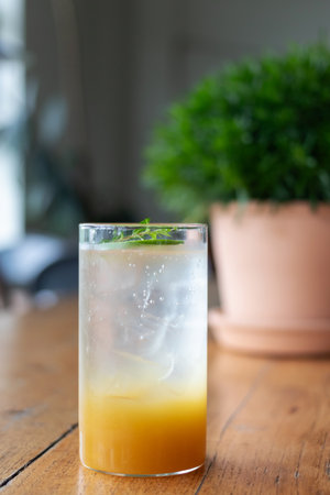 Refreshing glass of orange juice with a hint of mint, placed on a wooden table beside a vibrant green plant.の写真素材