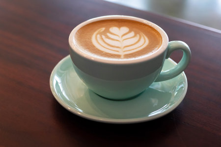 Cup of coffee with latte art on wooden table with soft sunlight.の写真素材