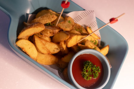 Crispy potato wedges served with tangy dipping sauce. A delicious snack perfect for gatherings and casual dining.の写真素材